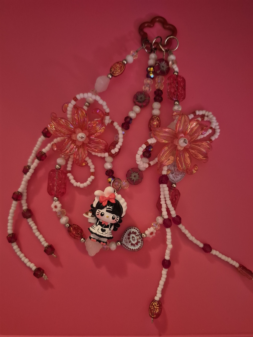 Red & White Floral Beaded Keychain & Phone Chain w/Handpainted Hello Kitty Charm